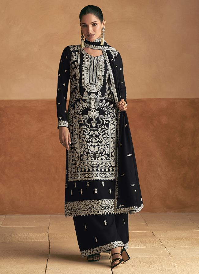 Premium Chinnon Silk Black Traditional Wear Embroidery Work Readymade Plazzo Suit